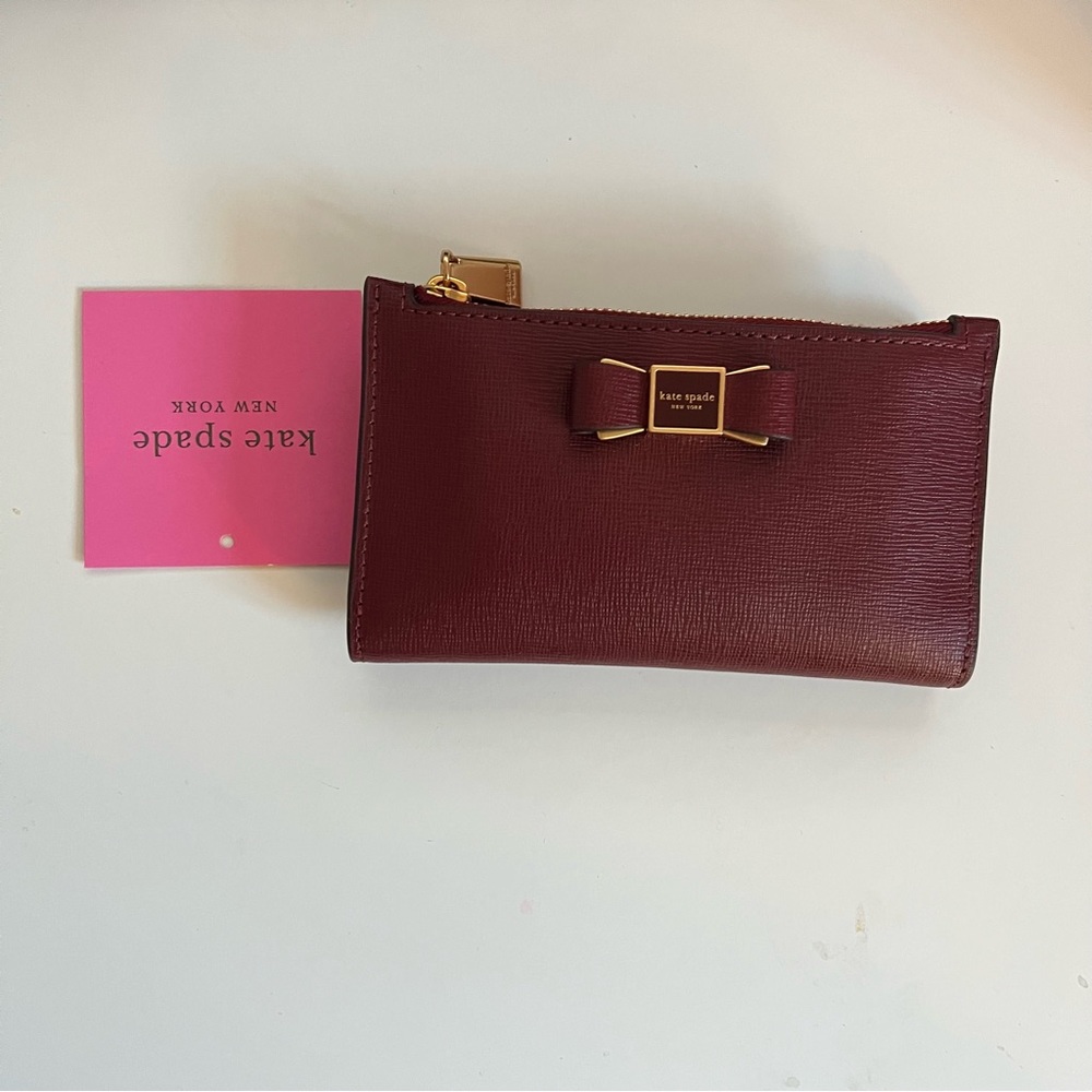 NWT Kate Spade Morgan Bow Embellished Zip Cardholder - Wine